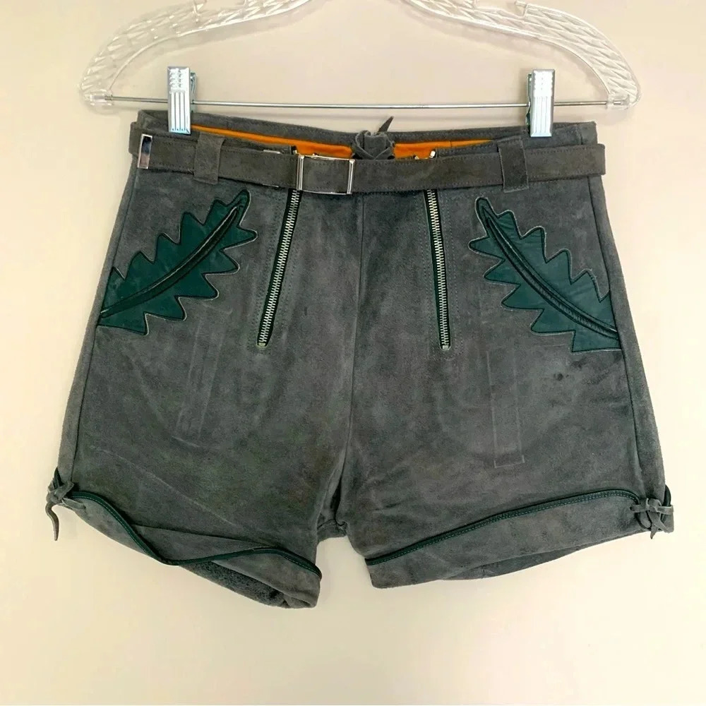 Vintage German Lederhosen  Leather Suede Belted Shorts S
